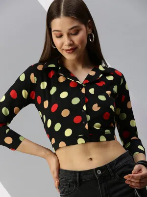 Women's Black Print Crepe Shirt Style Crop Top Trendy Comfort Fit Light Fit