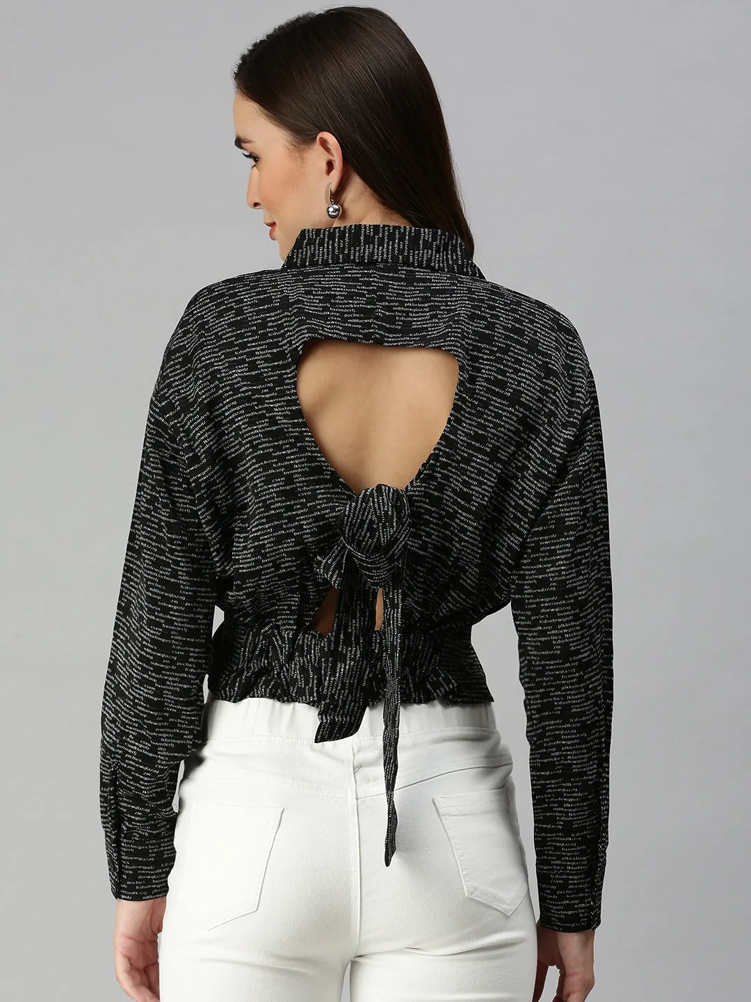 theater visit Women's Black Print Styled Back Crop Top