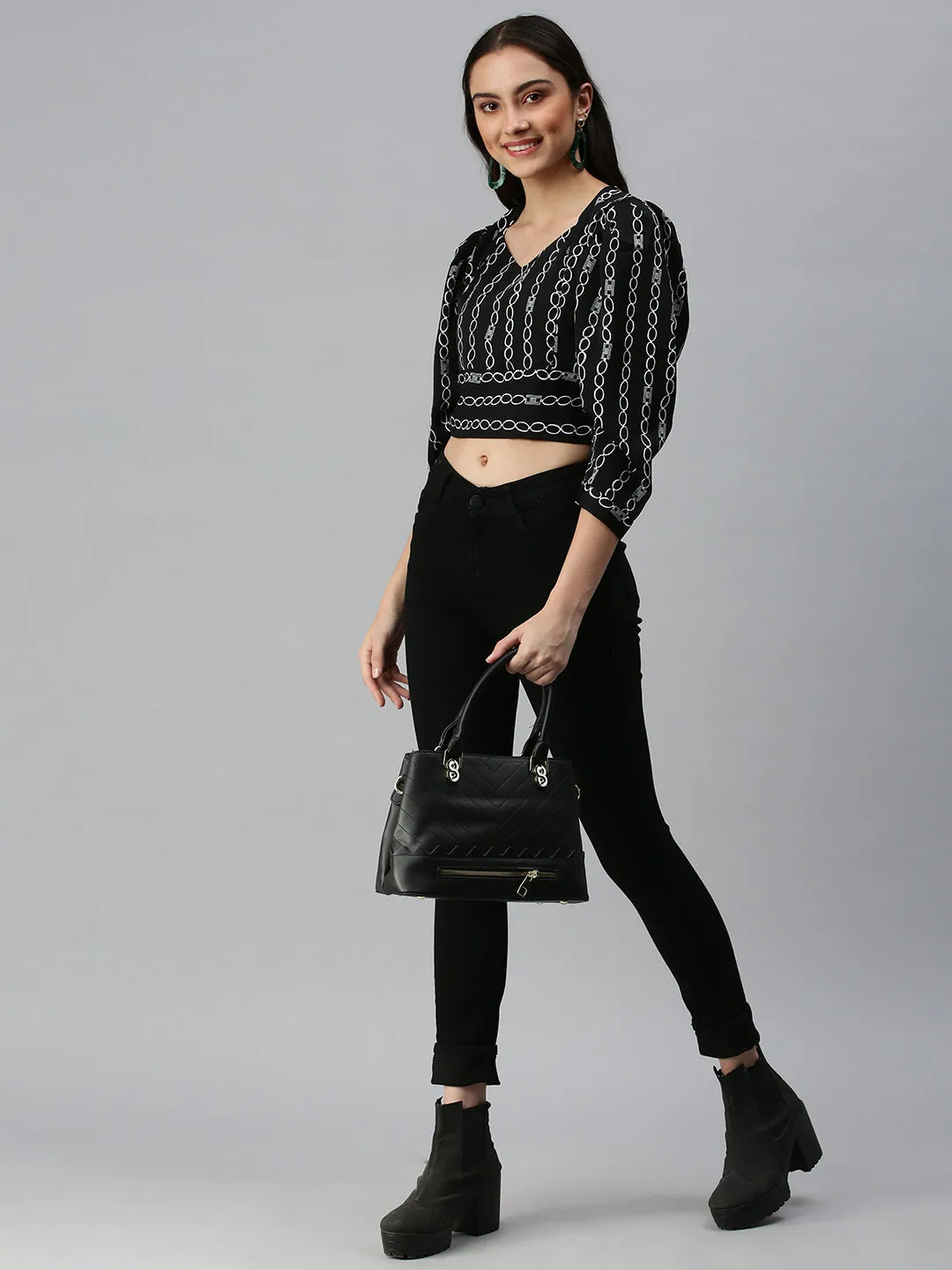 Formal Elegance Women's Black Printed Crop Corset Top