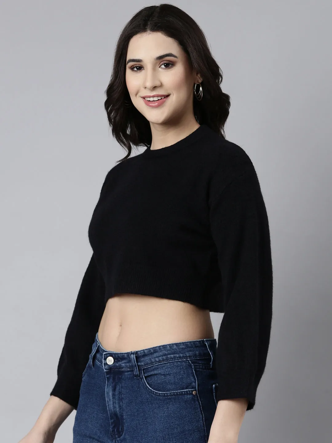 Easy and Relaxed Chic Comfort Women's Black Puff Sleeves Crop Acrylic Top