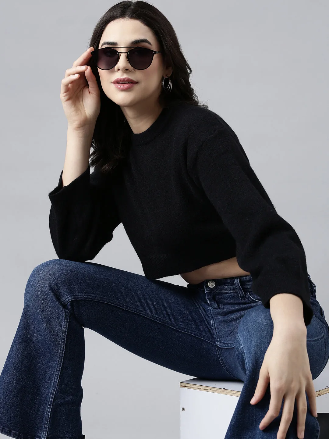Sporty and Stylish Playful Design Women's Black Puff Sleeves Crop Acrylic Top