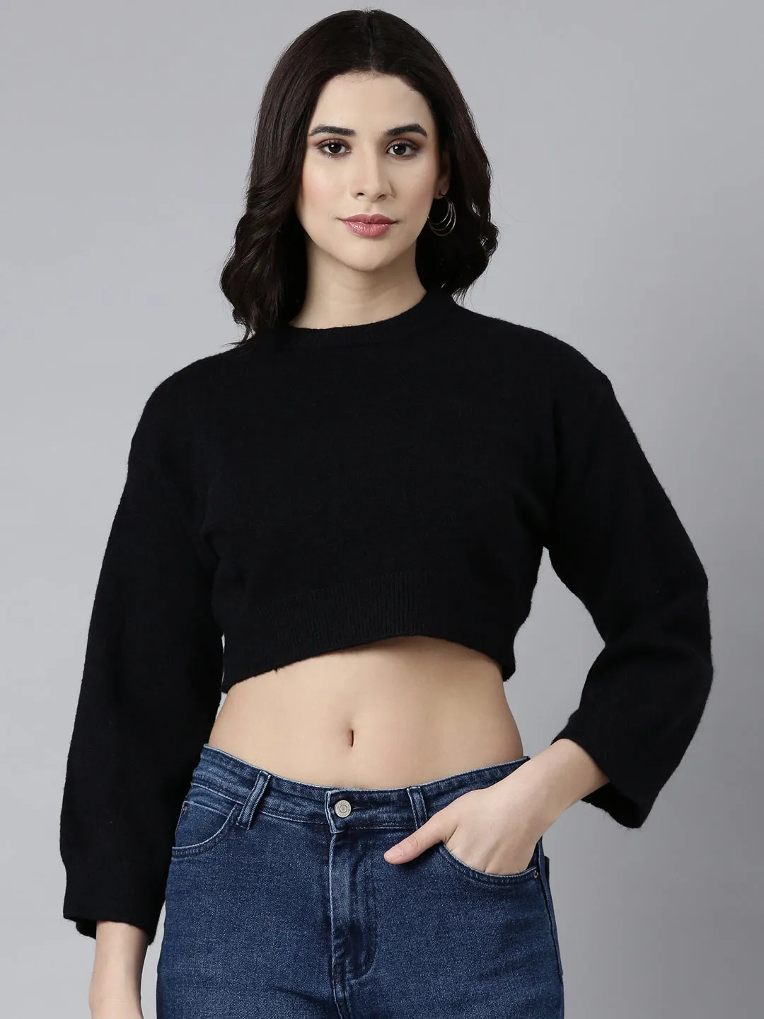 Functional Wearable elastic waistband Women's Black Puff Sleeves Crop Acrylic Top