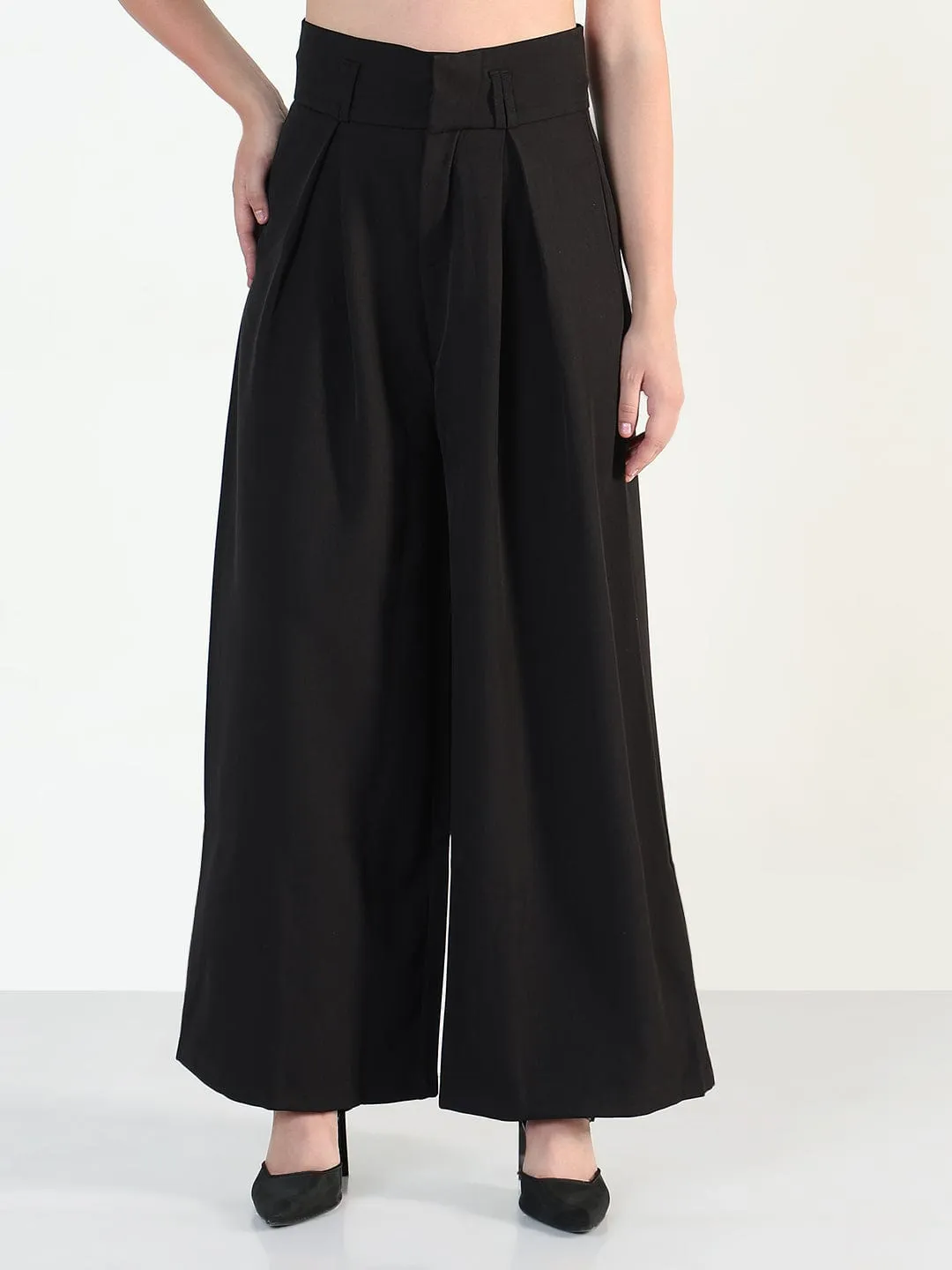 Shape Retention Women's Black Relaxed Fit Wide Leg Trousers