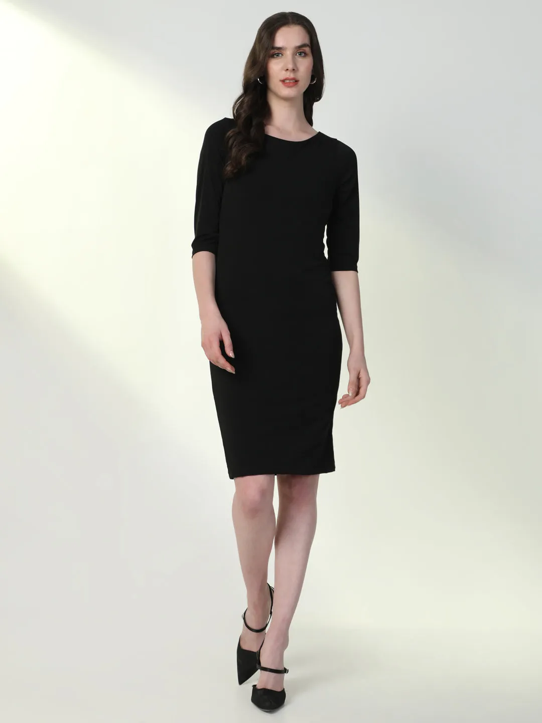 Sleek Waistband Women's Black Round Neck Bodycon Casual Dress