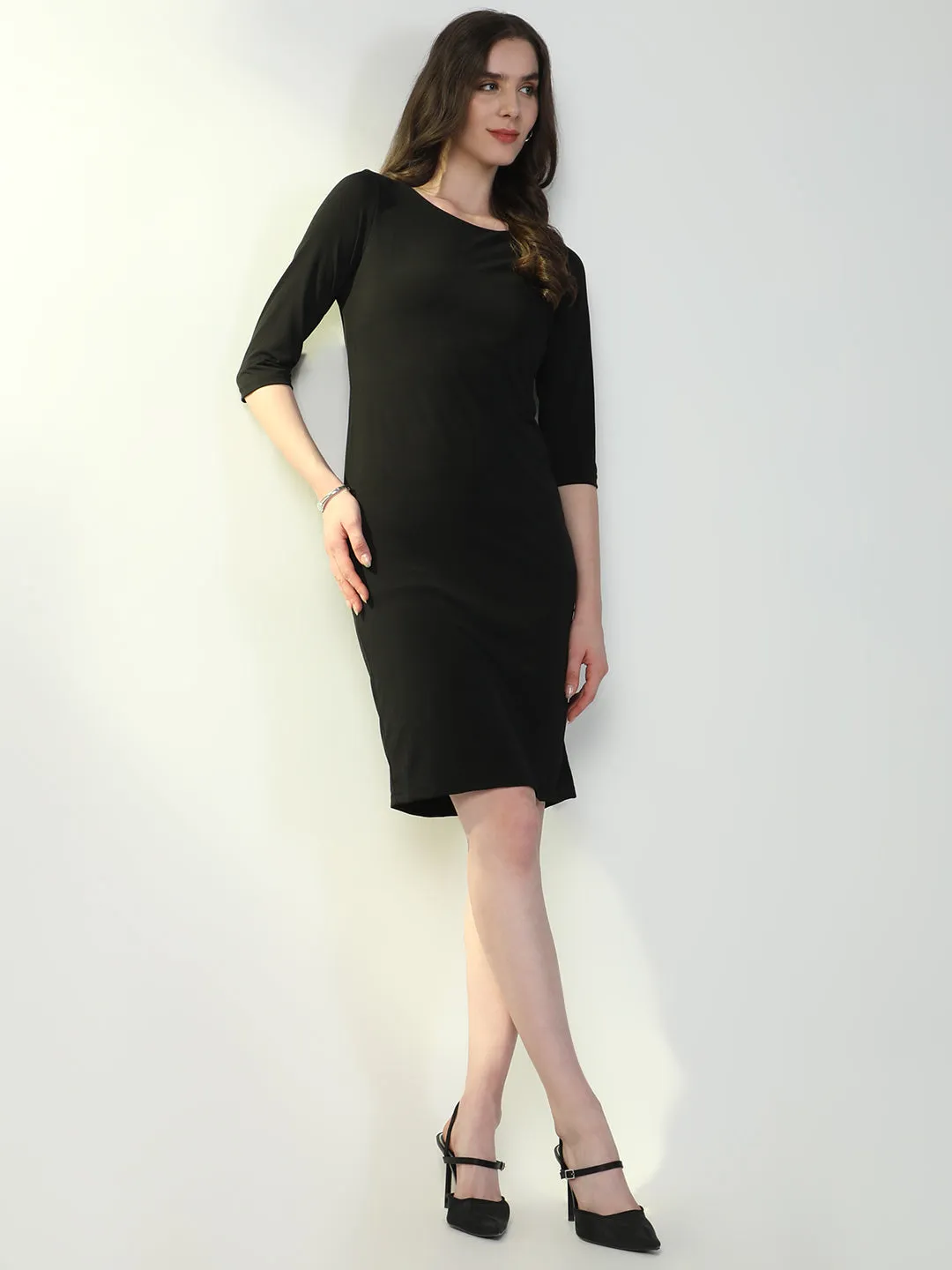 Draped-Style Shared Moment Women's Black Round Neck Bodycon Casual Dress