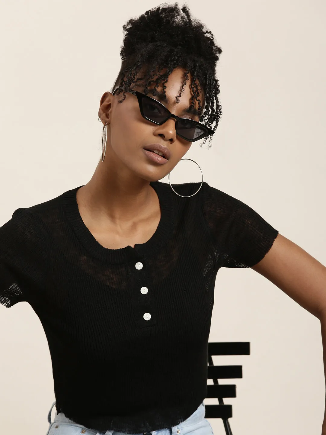 Women's Black Round Neck Cotton Crop Top Perfect Layering