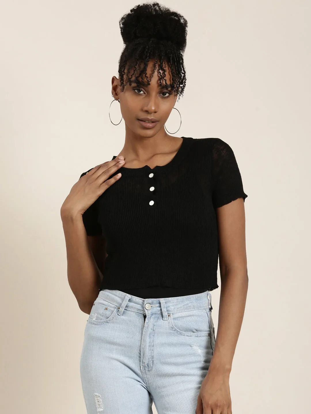 Women's Black Round Neck Cotton Crop Top Layering Essential