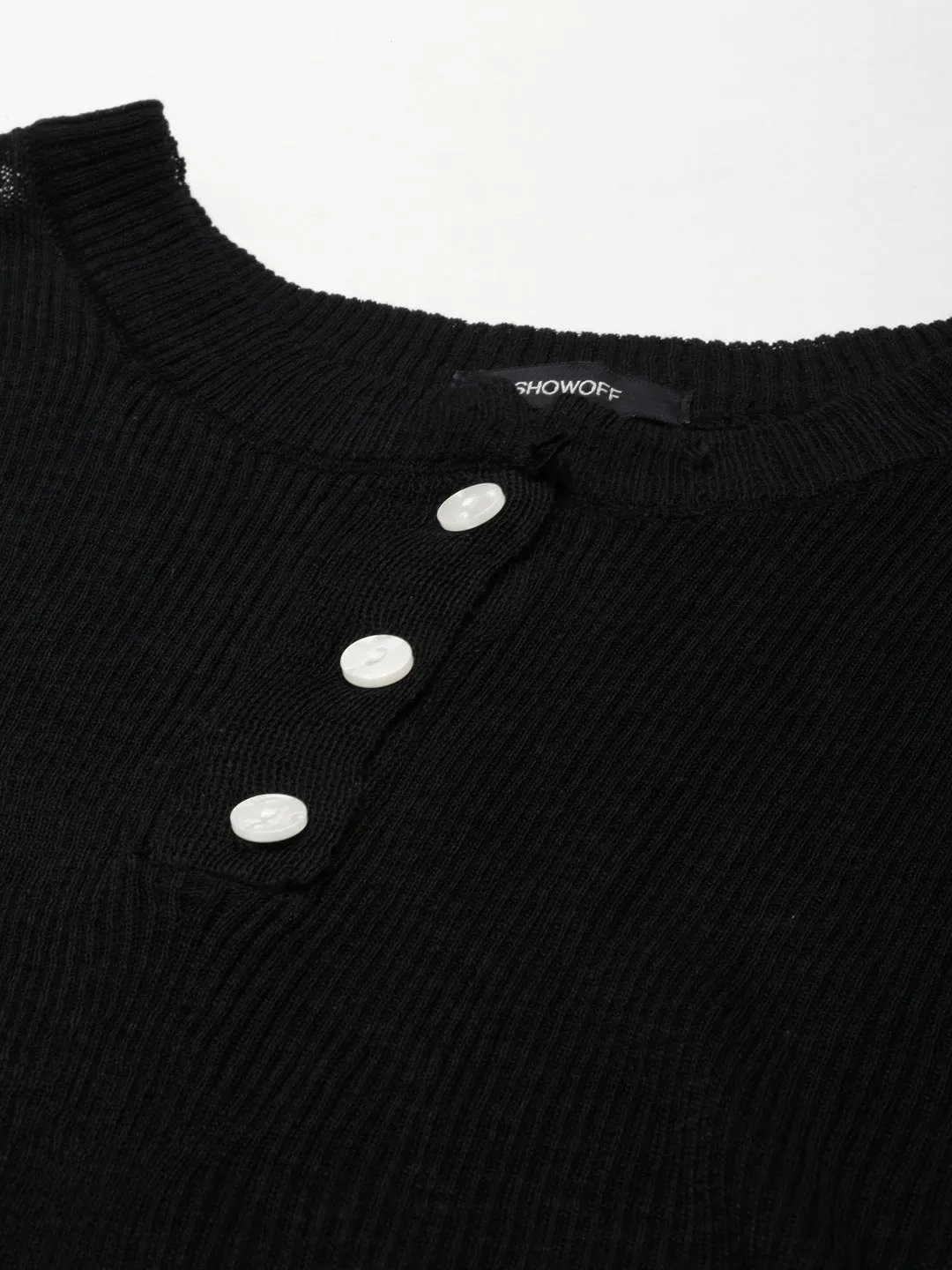 Women's Black Round Neck Cotton Crop Top Fuzz Free Surface