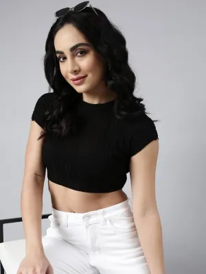 Urban Streetwear Women's Black Round Neck Crop Top