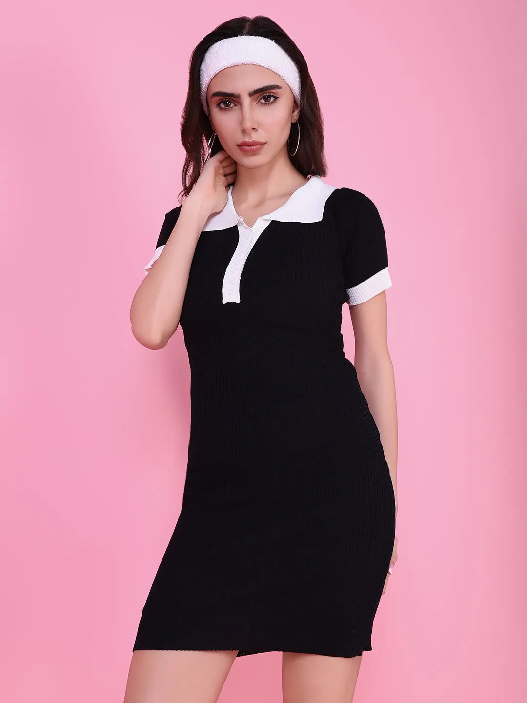 Panelled-Design Natural Form Women's Black Self Design Bodycon Dress