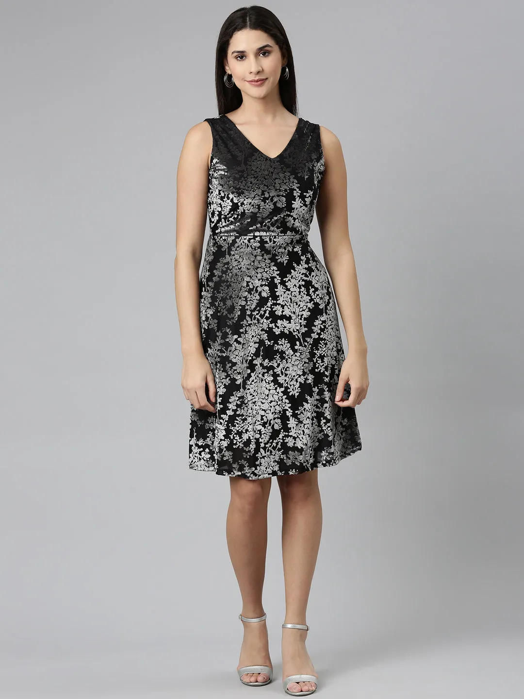 Women's Black Self Design Embellished Floral Fit & Flare Dress Premium Material relaxed shape
