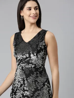 Women's Black Self Design Embellished Floral Fit & Flare Dress Calm Mood Feminine off-the-shoulder gown