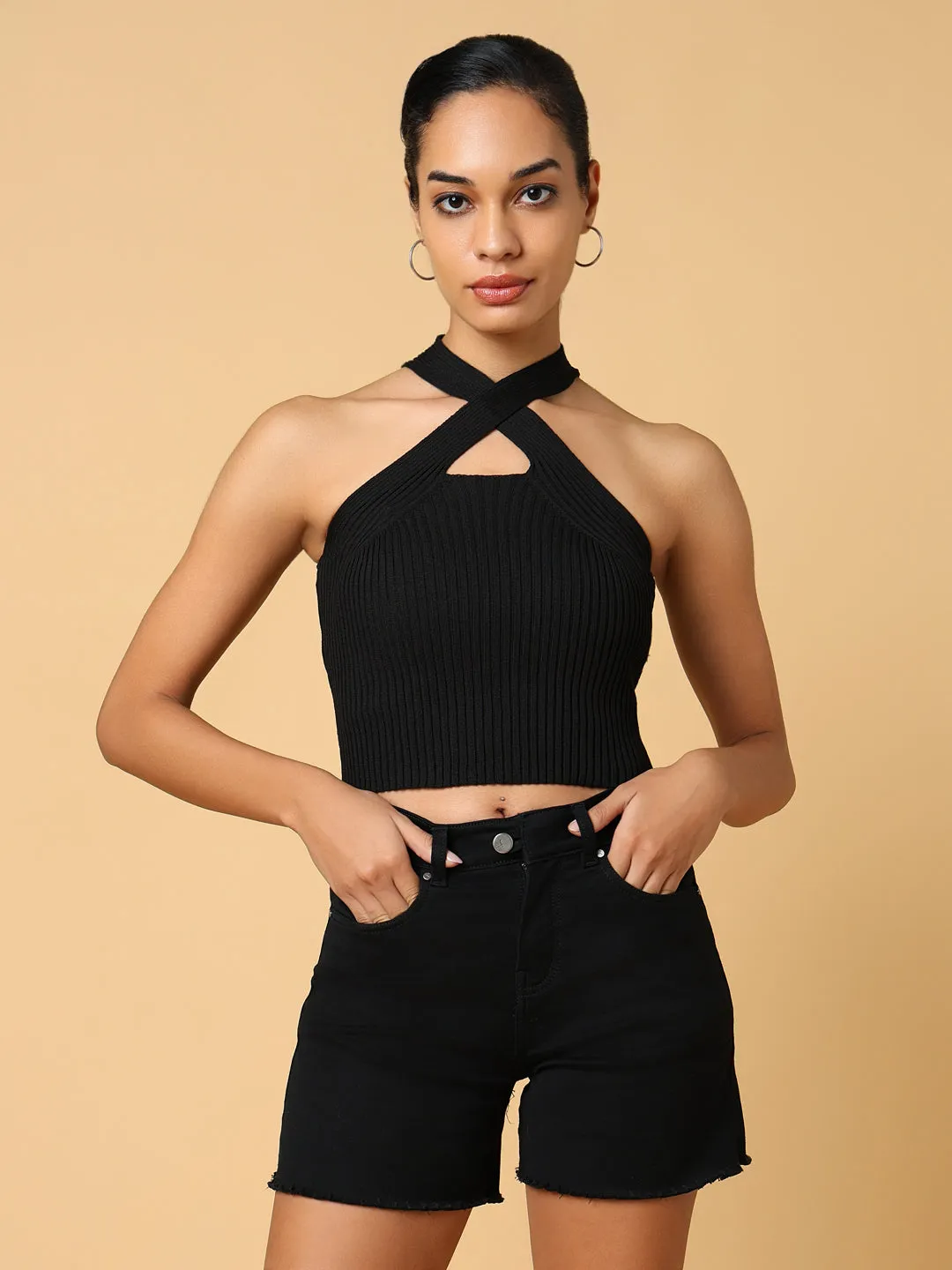 Chill Style Versatile Piece Women's Black Self Design Halter Neck Acrylic Top