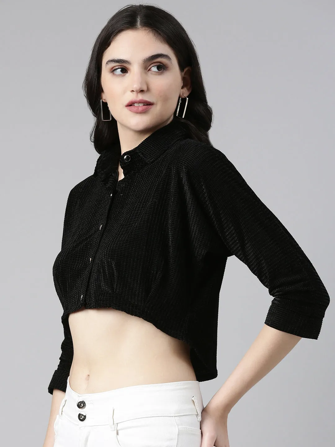 Non Irritating Collar Women's Black Self Design Shirt Style Crop Top