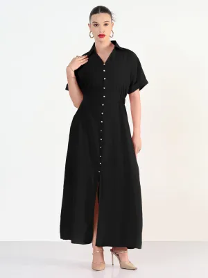 Women's Black Shirt Style Maxi Dress Versatile Comfort Wear Everyday Comfort