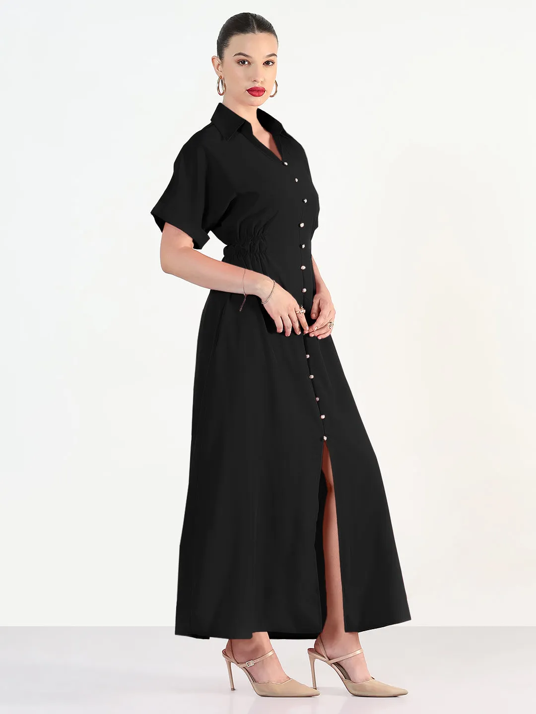 Women's Black Shirt Style Maxi Dress Crisp Texture