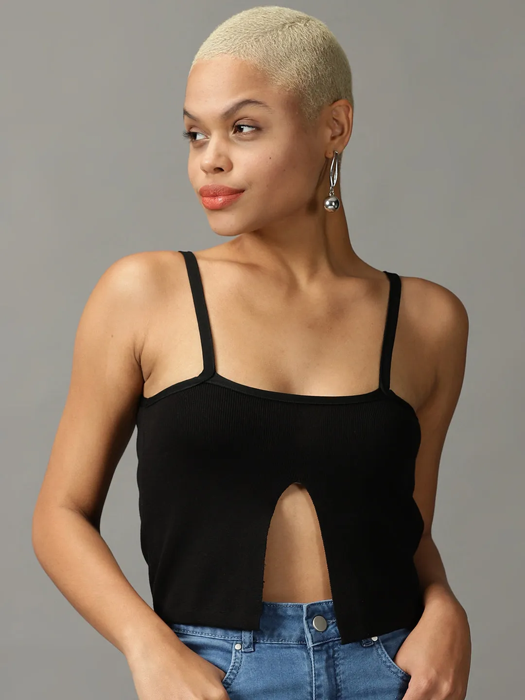 Relaxed Everyday Wear Women's Black Shoulder Straps Acrylic Top
