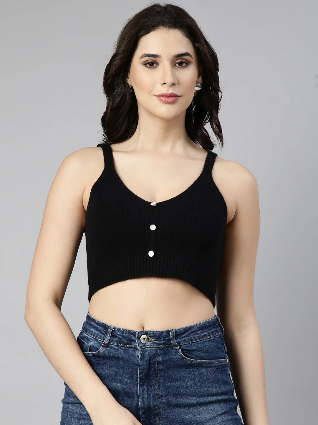 Casual Statement Women's Black Shoulder Straps Bralette Acrylic Crop Top
