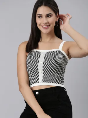 Women's Black Shoulder Straps Checked Fitted Cotton Crop Top Eco Conscious Production Stylish piece