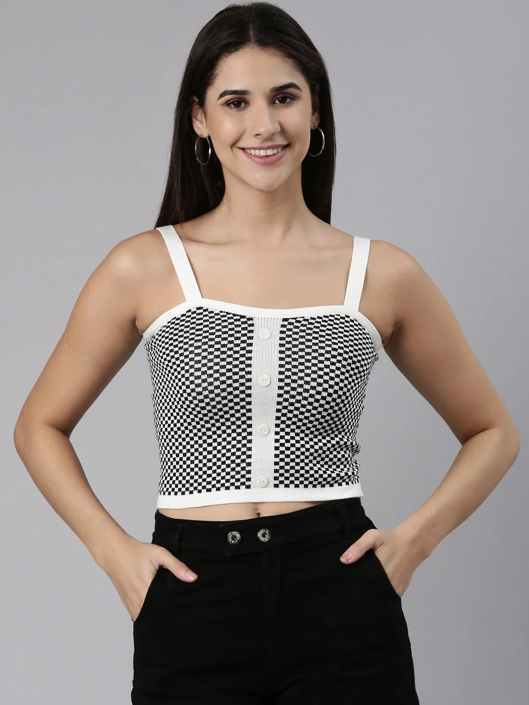 Flexible Fit Design Festival wear Women's Black Shoulder Straps Checked Fitted Cotton Crop Top