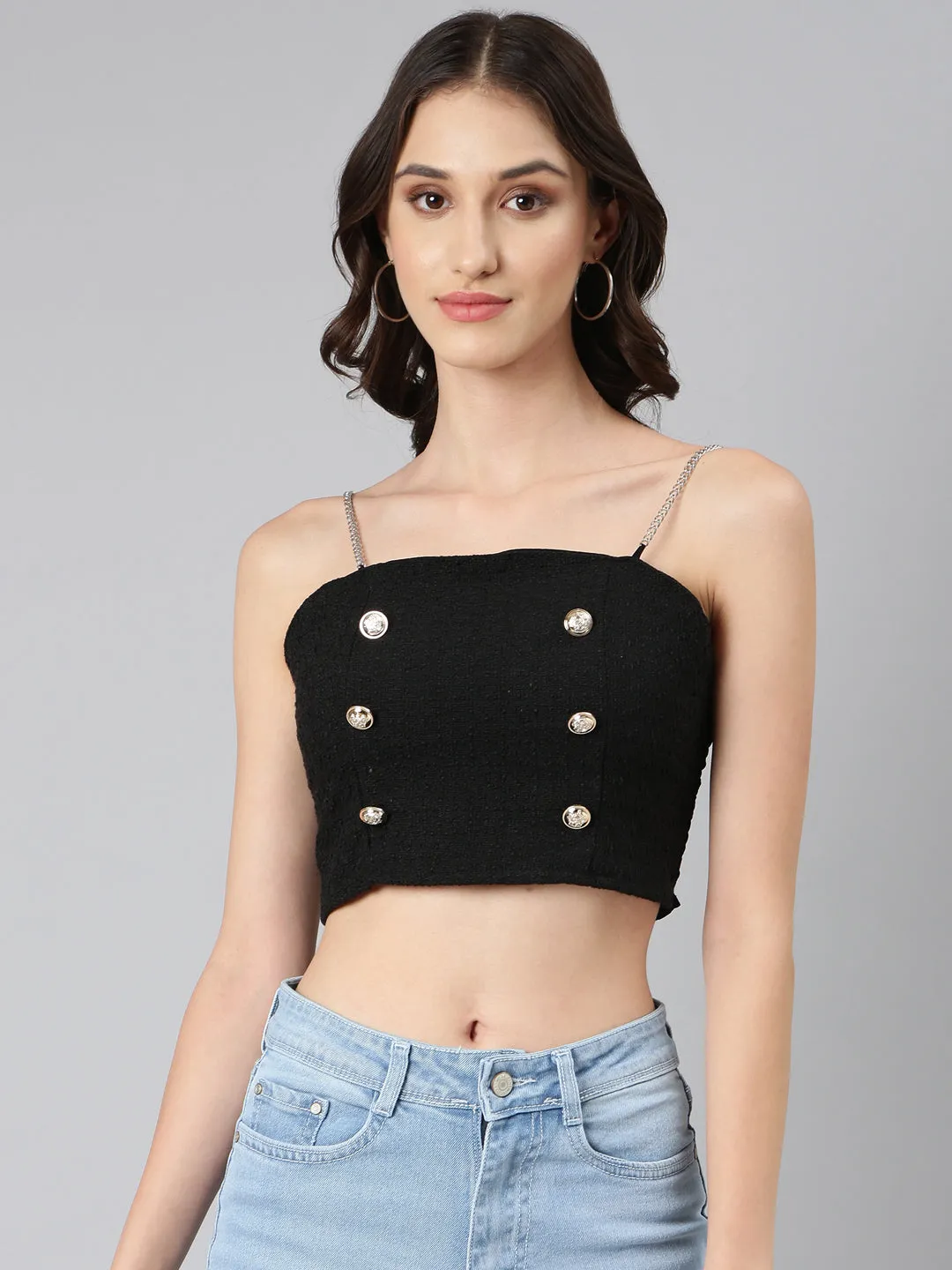 Essential Fit Women's Black Sleeveless Smocked Bralette Crop Top