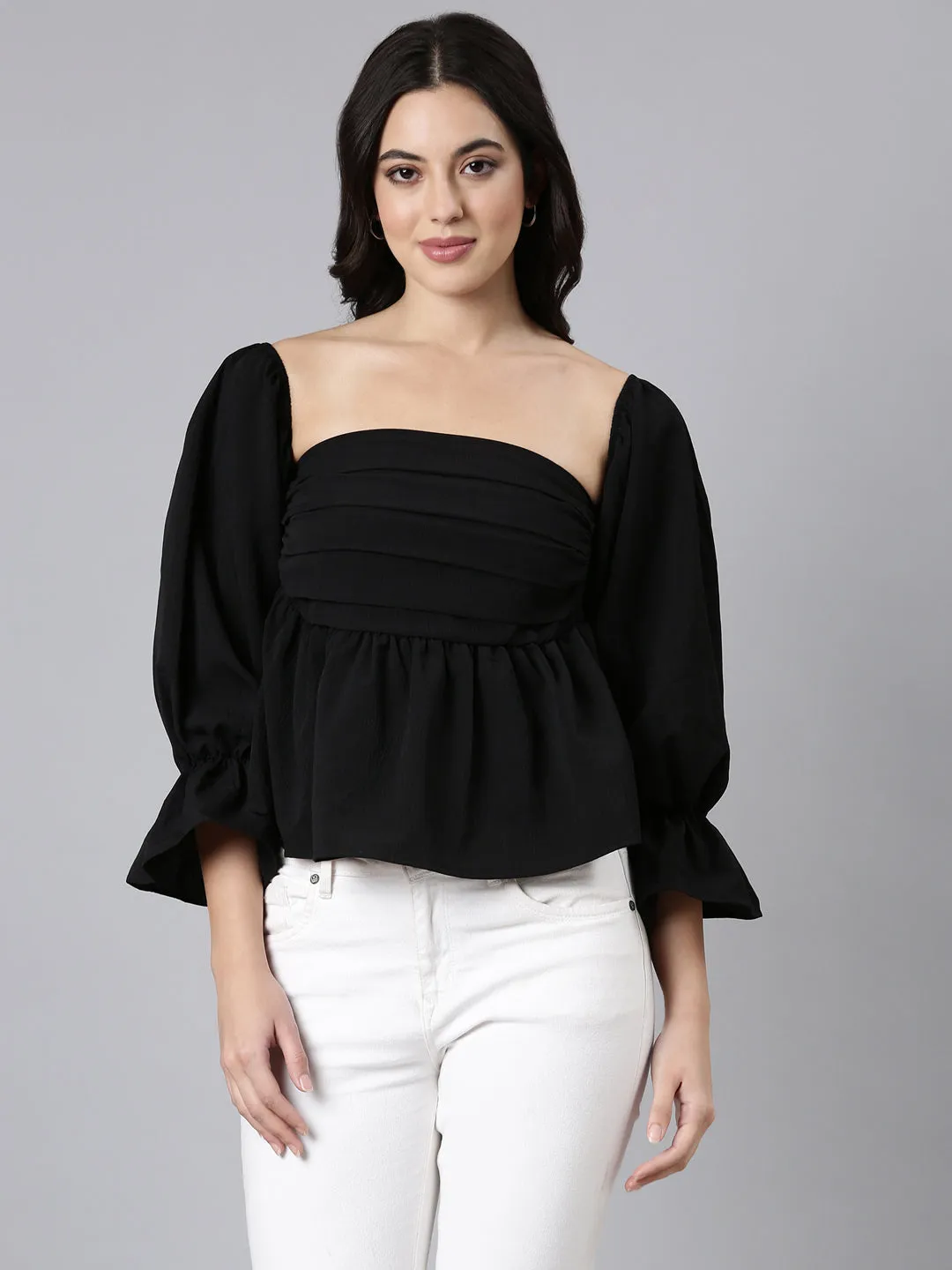 Women's Black Square Neck Bell Sleeves Gathered Detailed Peplum Top Travel convenience Cozy Wear