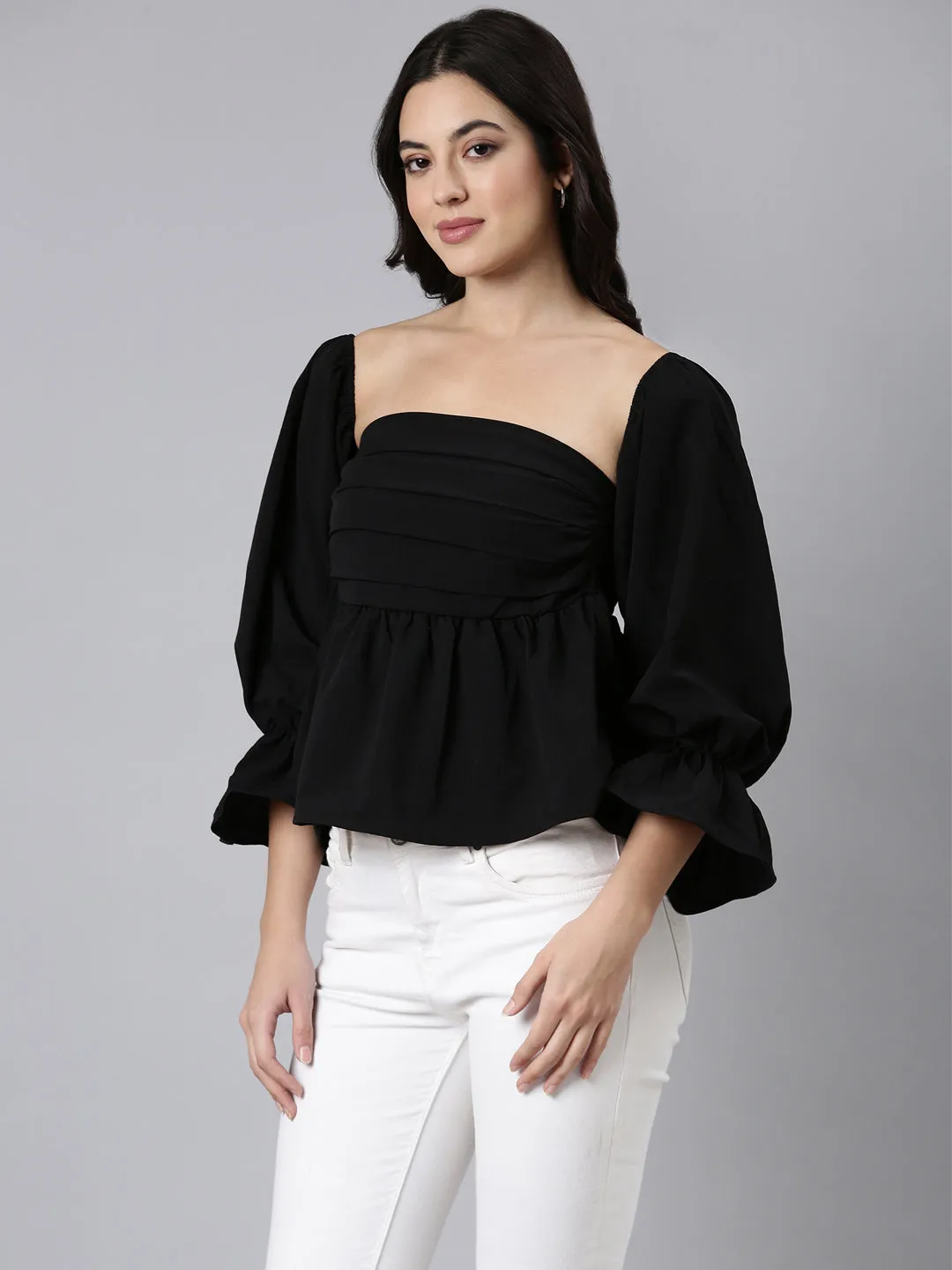 Breathable Comfort Flexible Fit Design Women's Black Square Neck Bell Sleeves Gathered Detailed Peplum Top