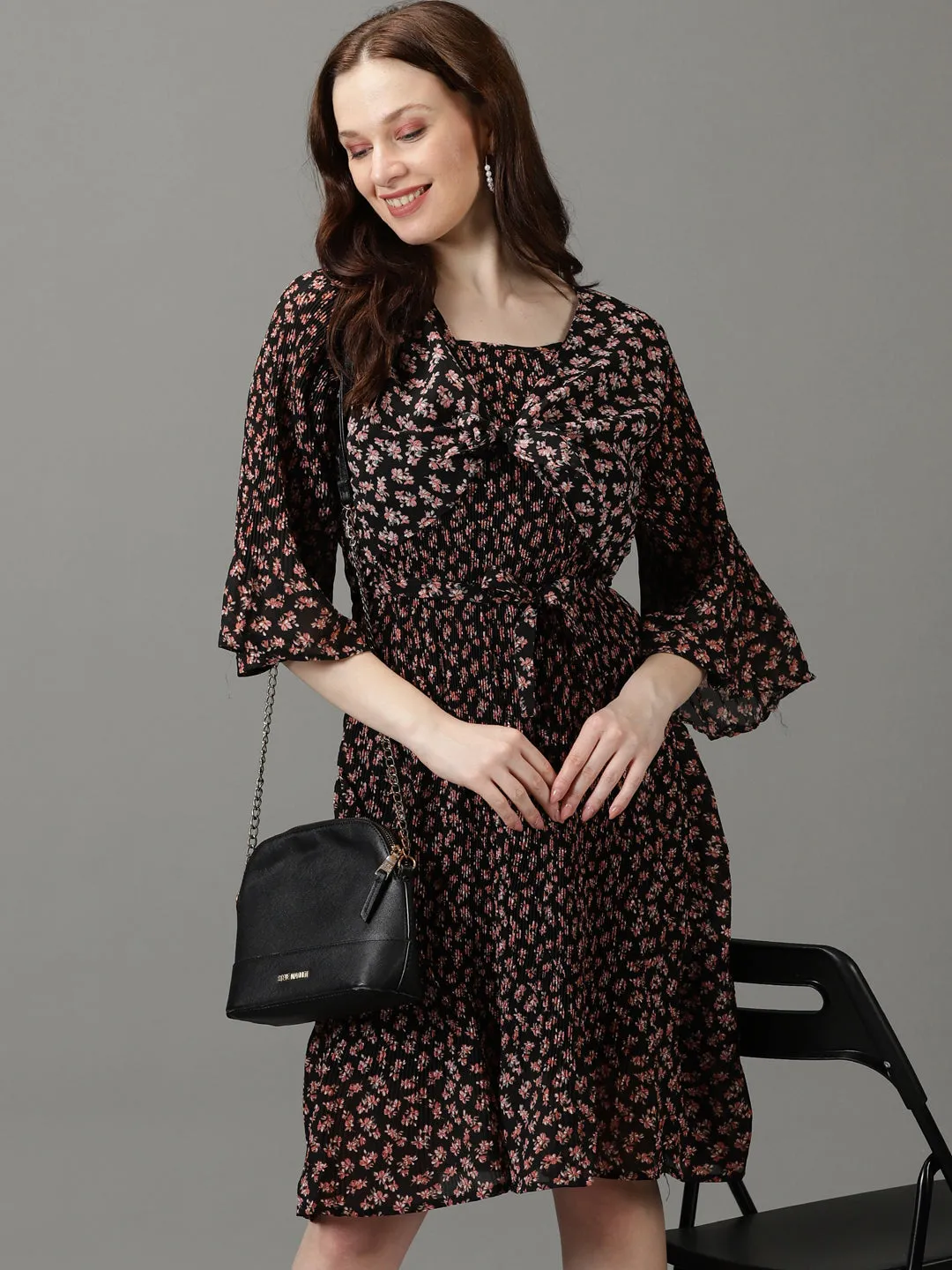 Comfortable shift dress Cozy Texture Women's Black Square Neck Floral Printed Accordion Pleats Chiffon Fit & Flare Dress