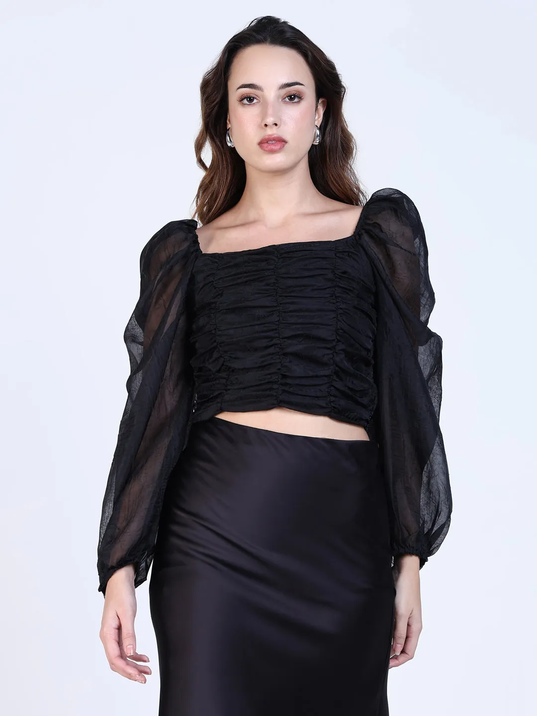 Women's Black Square Neck Puff Sleeve Crop Top Hypoallergenic Textile Casual Performance Fit