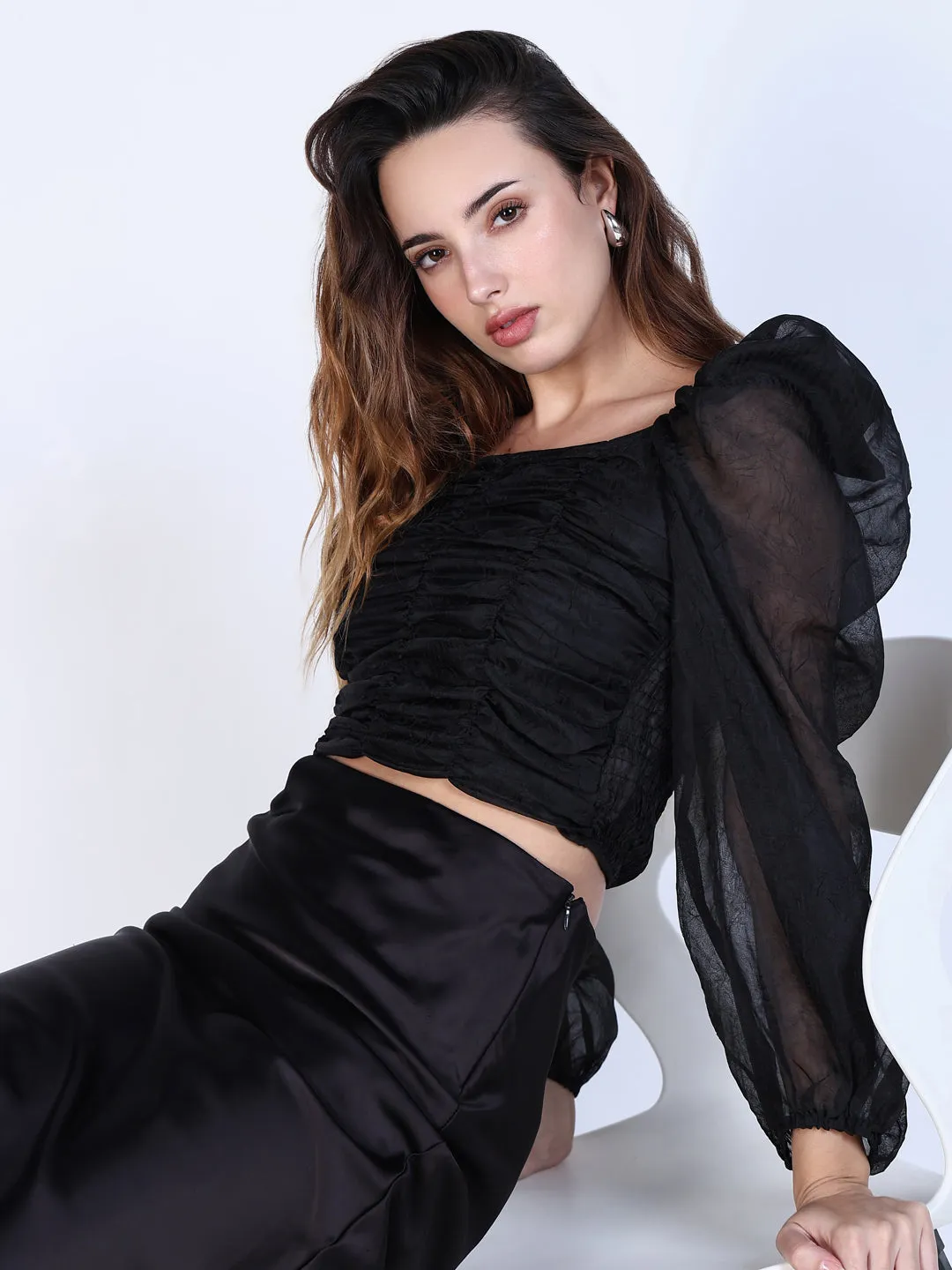 Versatile and Stylish Soft Brushed Finish Women's Black Square Neck Puff Sleeve Crop Top