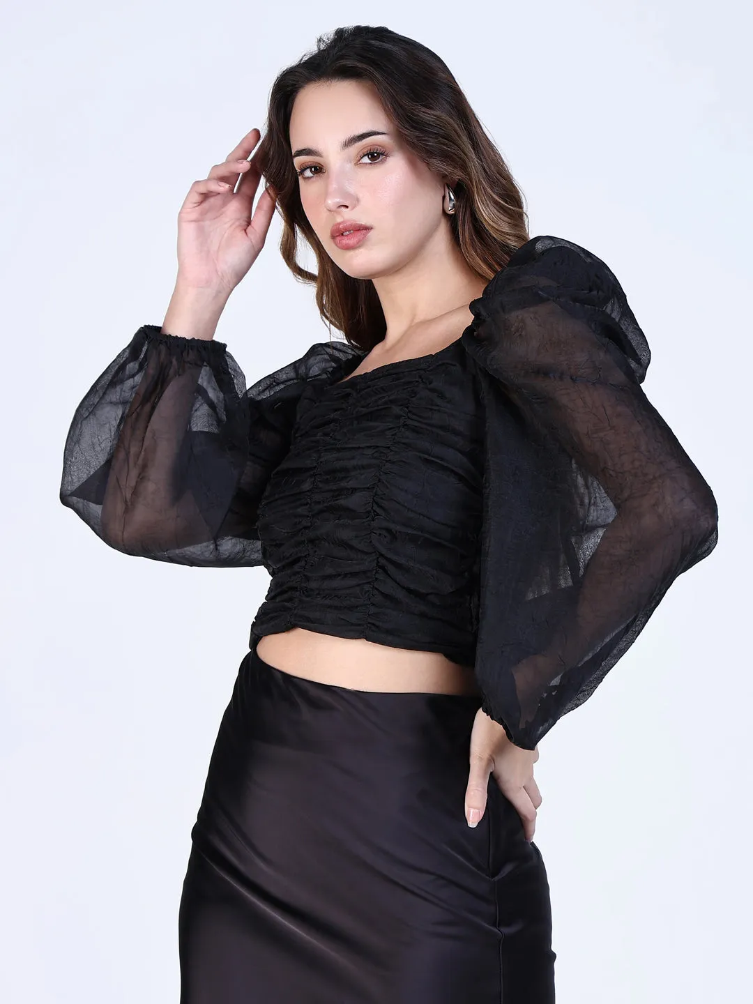 Easy to Style Smooth Look Women's Black Square Neck Puff Sleeve Crop Top