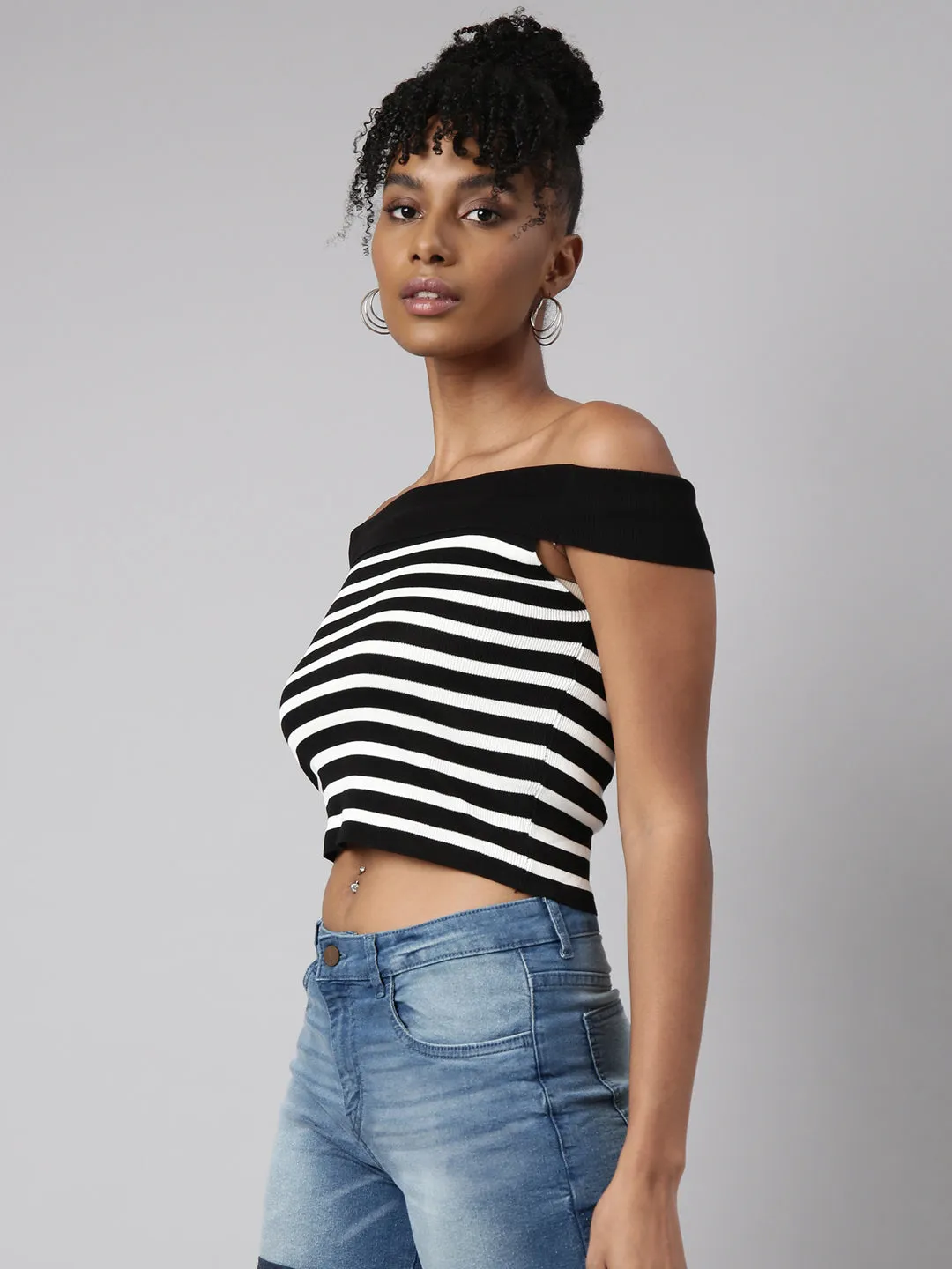 Comfortable and stylish Women's Black Striped Off-Shoulder Monochrome Crop Top