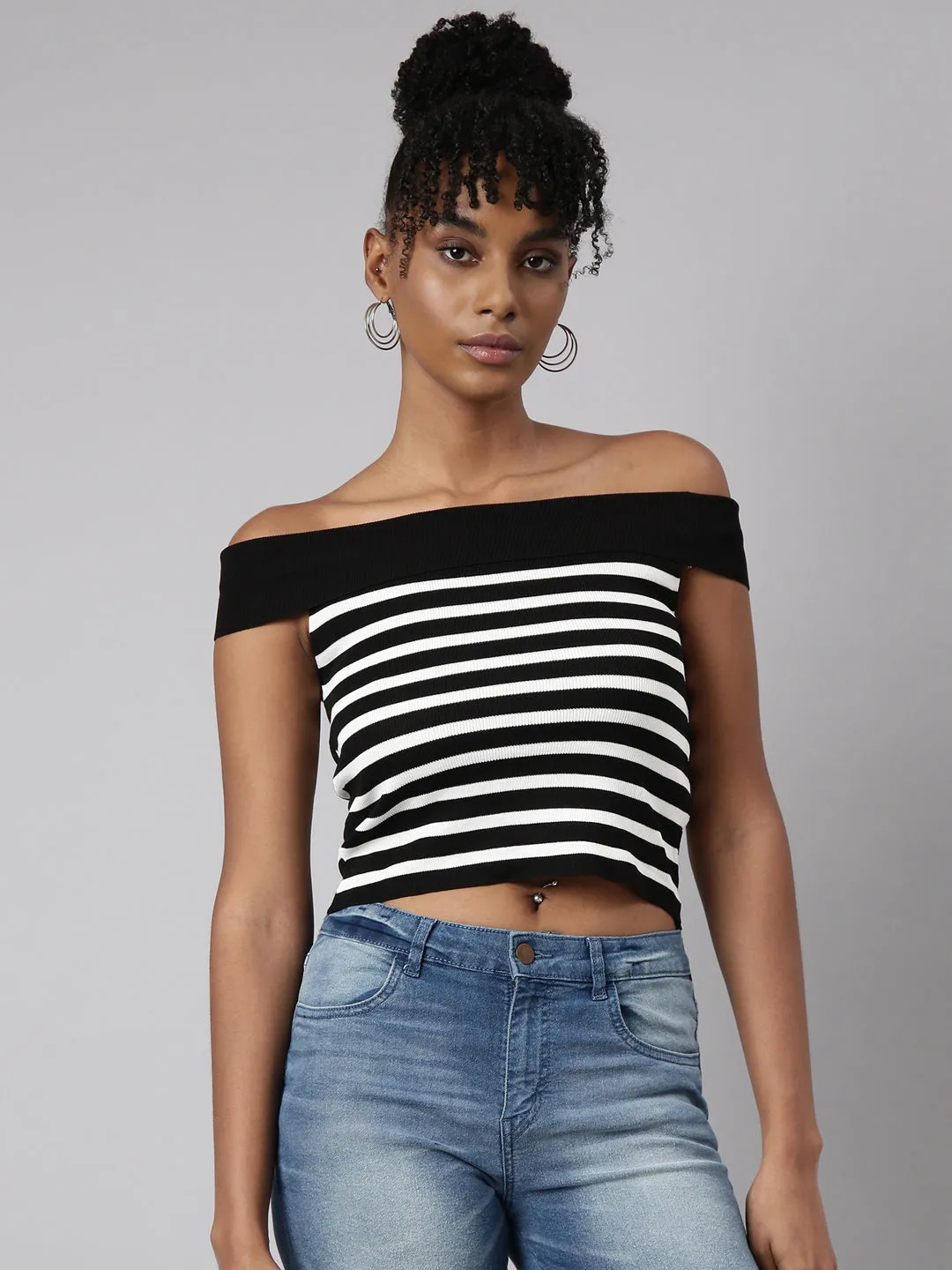 Women's Black Striped Off-Shoulder Monochrome Crop Top Active Comfort Wear Versatile Performance
