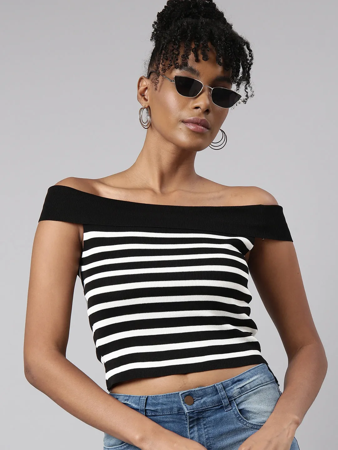 Women's Black Striped Off-Shoulder Monochrome Crop Top Travel Ready