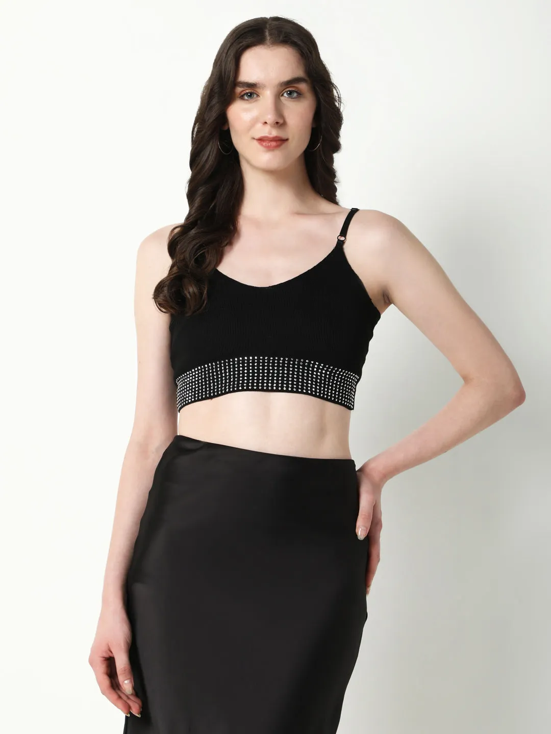Functional Side Gussets Women's Black Studded Bralette Crop Top