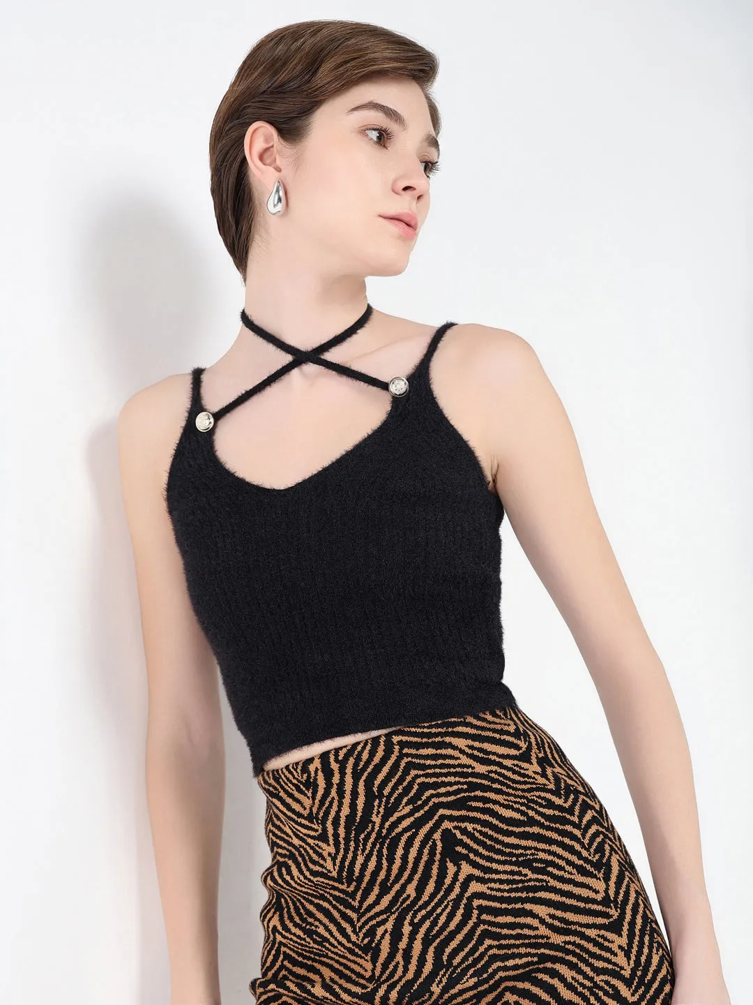 Women's Black Tie-Up Neck Acrylic Top Versatile Trend Roomy Design