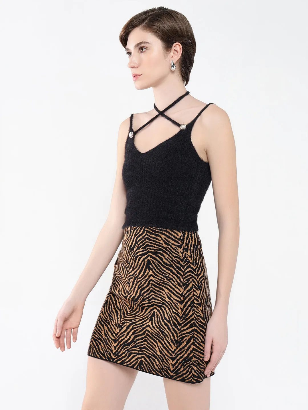 Women's Black Tie-Up Neck Acrylic Top Organic Cotton