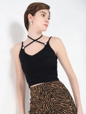 Women's Black Tie-Up Neck Acrylic Top Versatile Trend Roomy Design