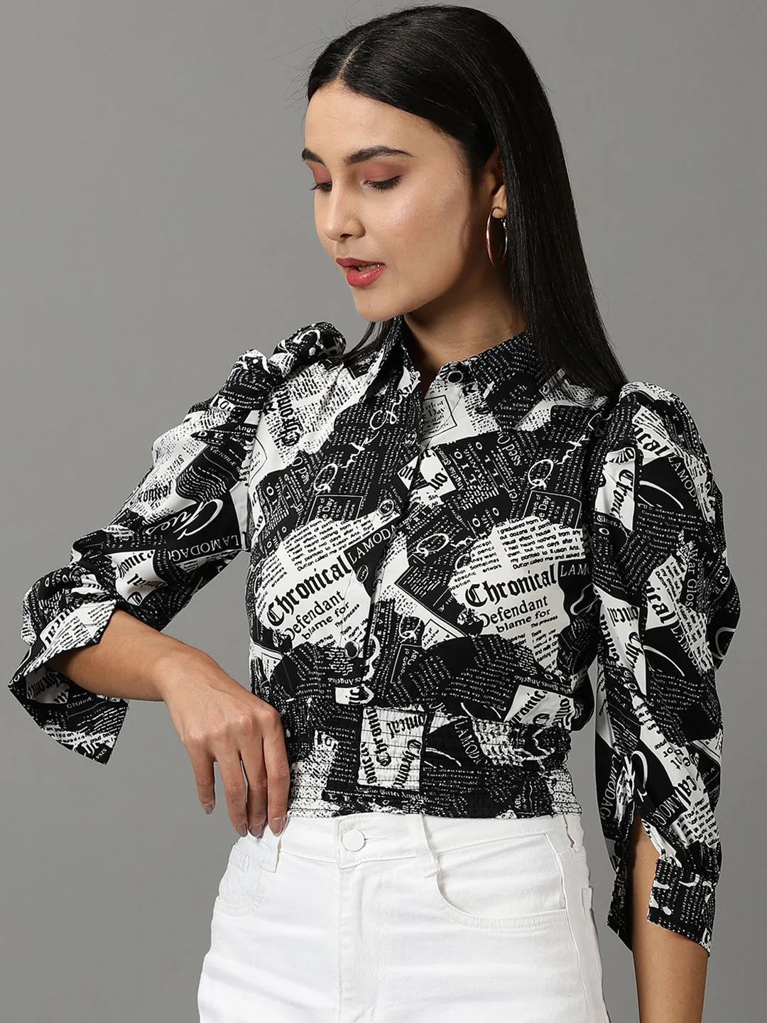 Women's Black Typography Printed Puff Sleeve Smocked Shirt Style Top Casual Design