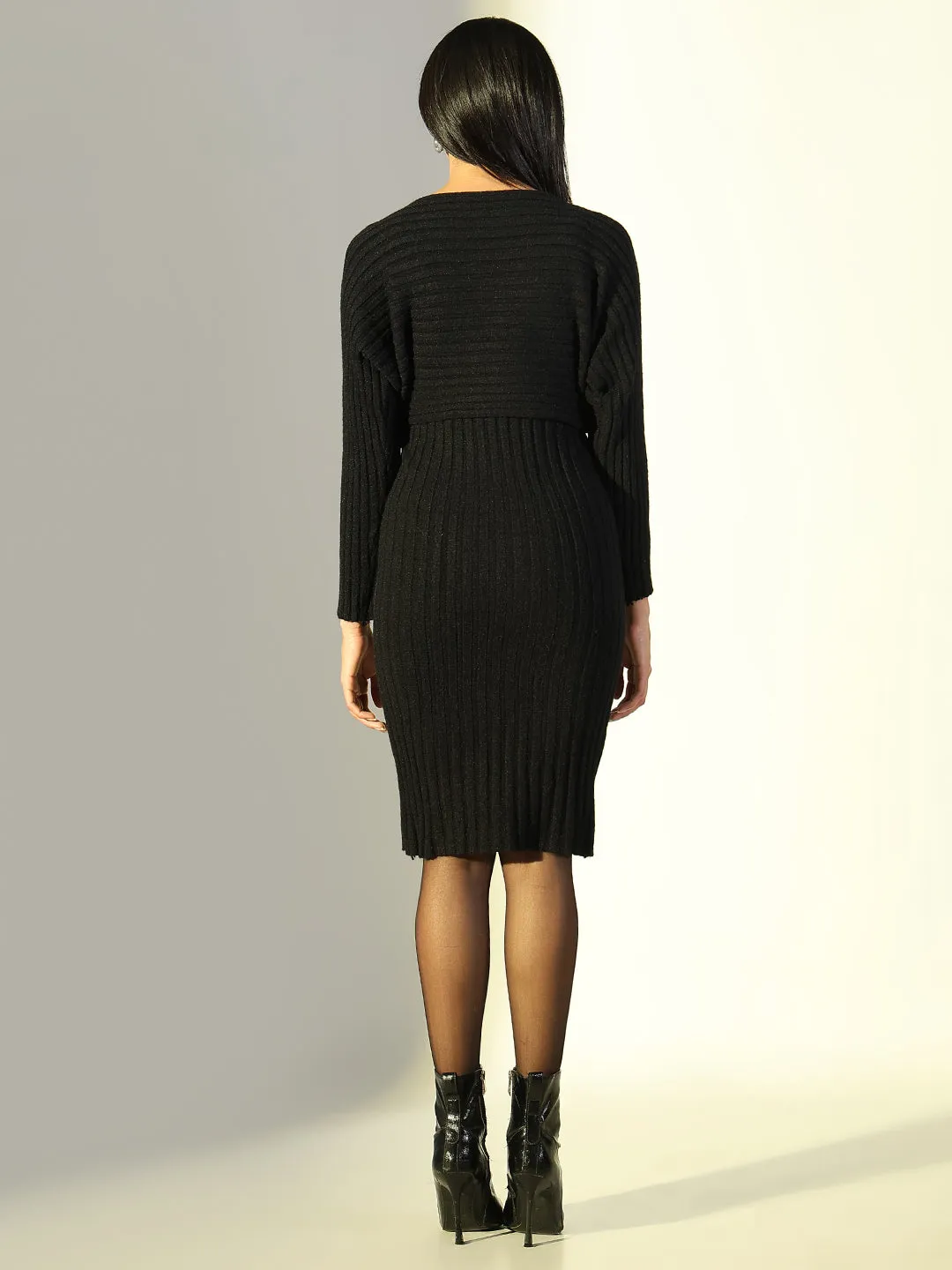 Smooth Finish Perfect Fit Women's Black V-Neck Bodycon Dress with Upper Top