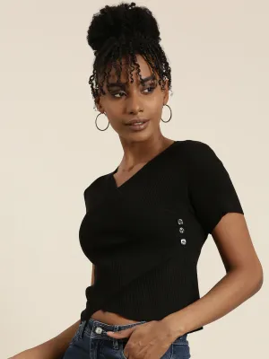 Women's Black V-Neck Wrap Crop Top Comfortable Shape