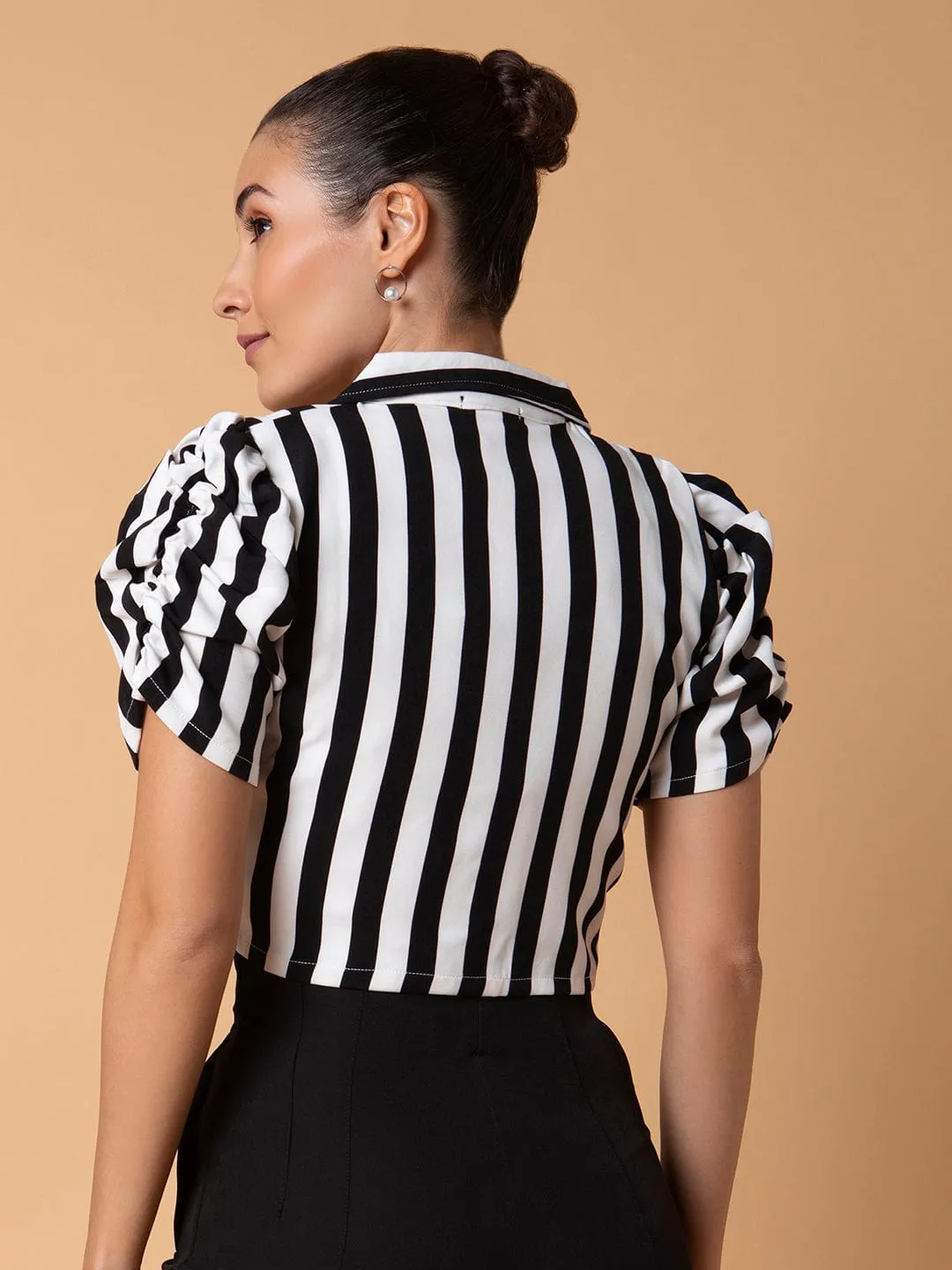 MultiPly Fabric Women's Black Vertical Striped Lapel Collar Cotton Top