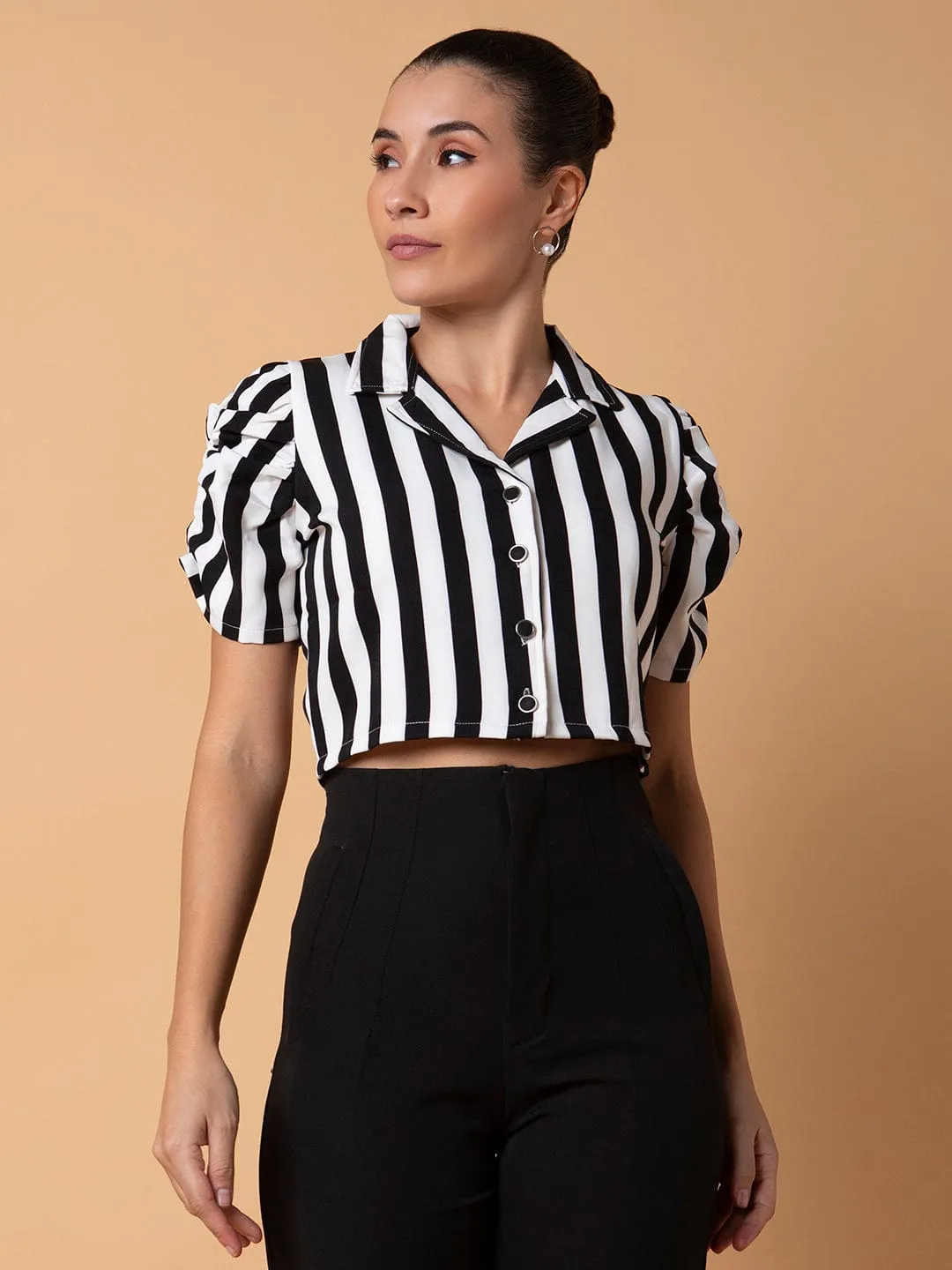 Women's Black Vertical Striped Lapel Collar Cotton Top Sustainable casual and comfortable