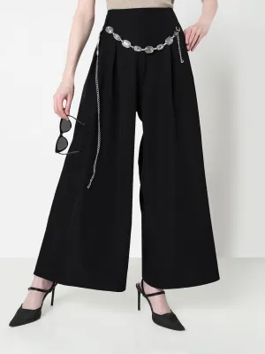 Women's Black Wide Leg Trousers with Belt Tagless label Printed design