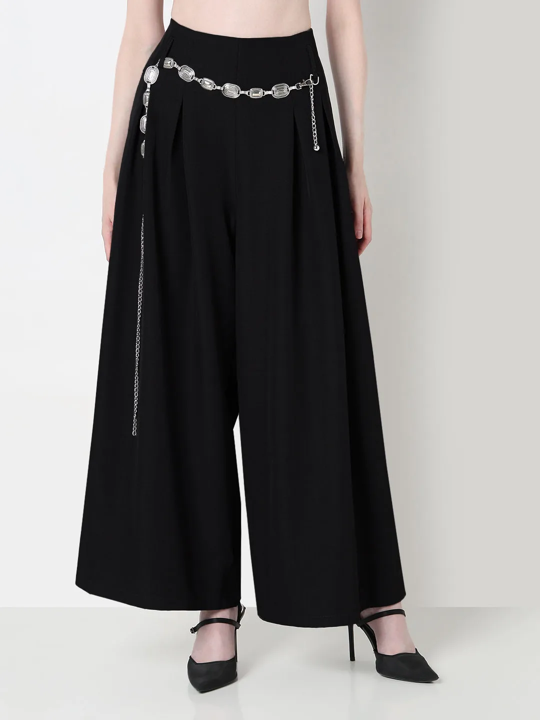 Women's Black Wide Leg Trousers with Belt Lightweight Layer