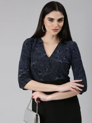 Easy Going Spring-Season Women's Blue Abstract Printed Embellished V-Neck Sheath Dress