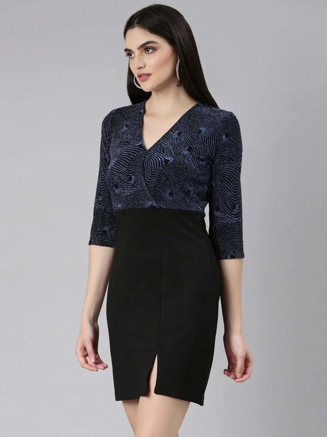 Feminine Line Perfect For Work Women's Blue Abstract Printed Embellished V-Neck Sheath Dress