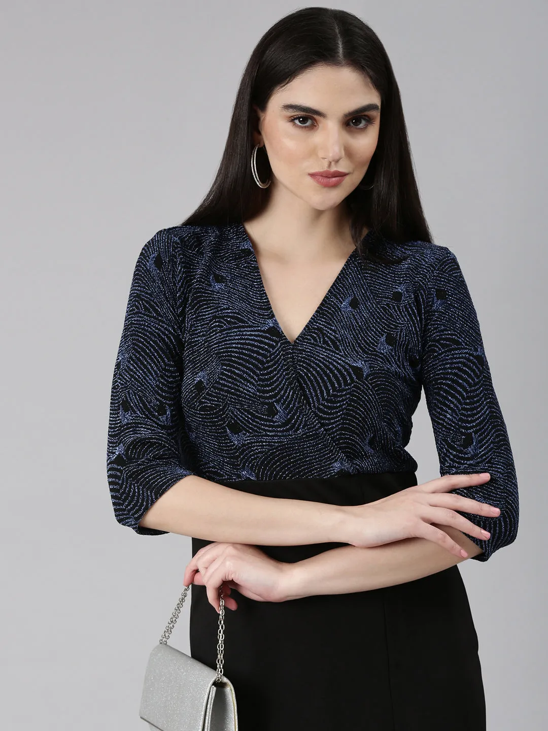 Easy Going Spring-Season Women's Blue Abstract Printed Embellished V-Neck Sheath Dress