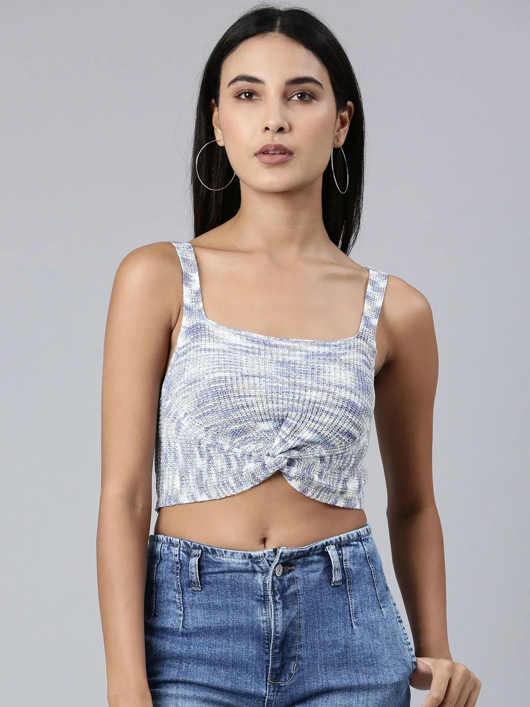 Women's Blue Abstract Printed Semi Sheer Bralette Crop Top Heathered Texture Versatile Fashion
