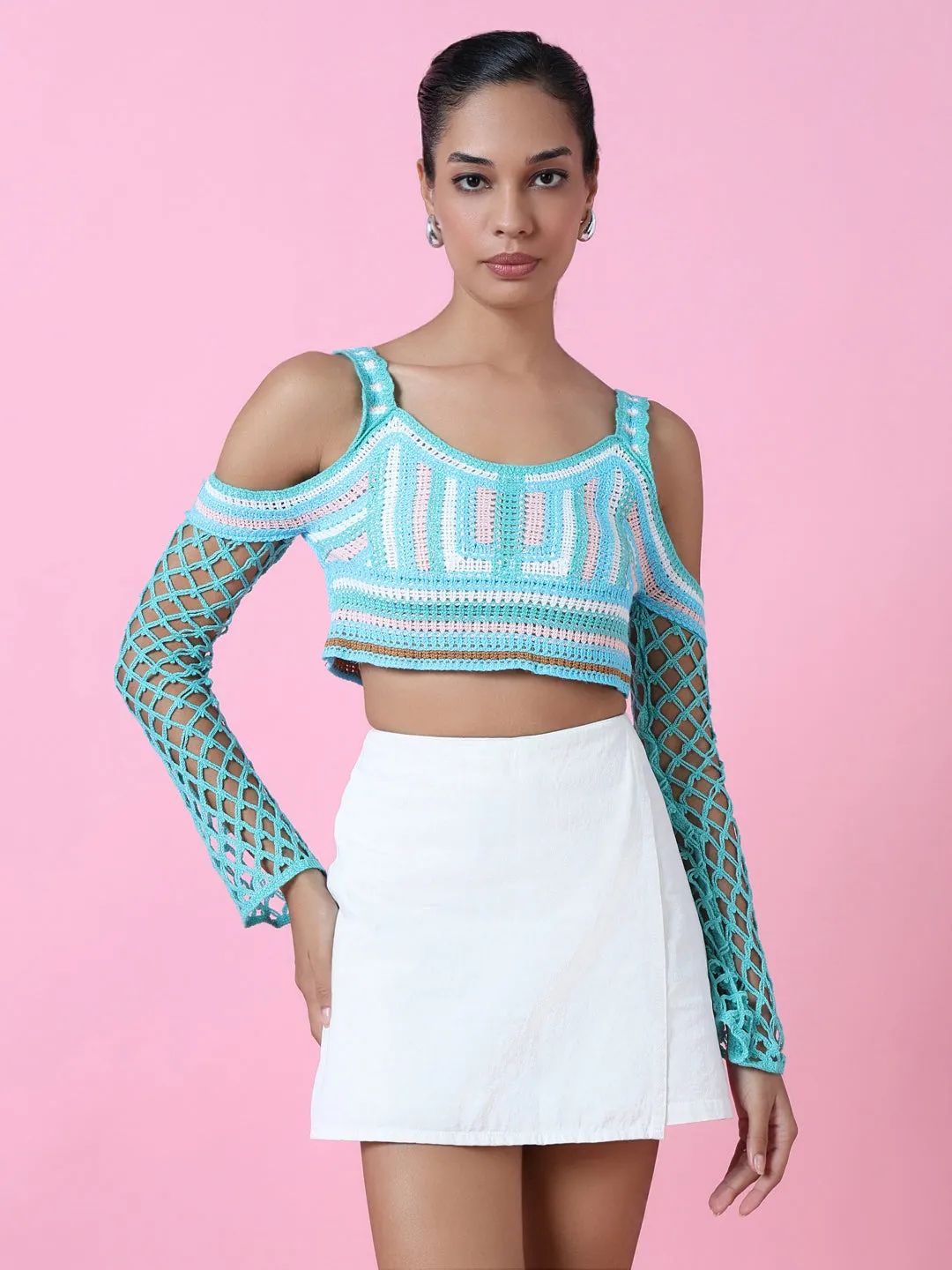 Women's Blue Cold-Shoulder Crochet Blouson Crop Top DurableBlend